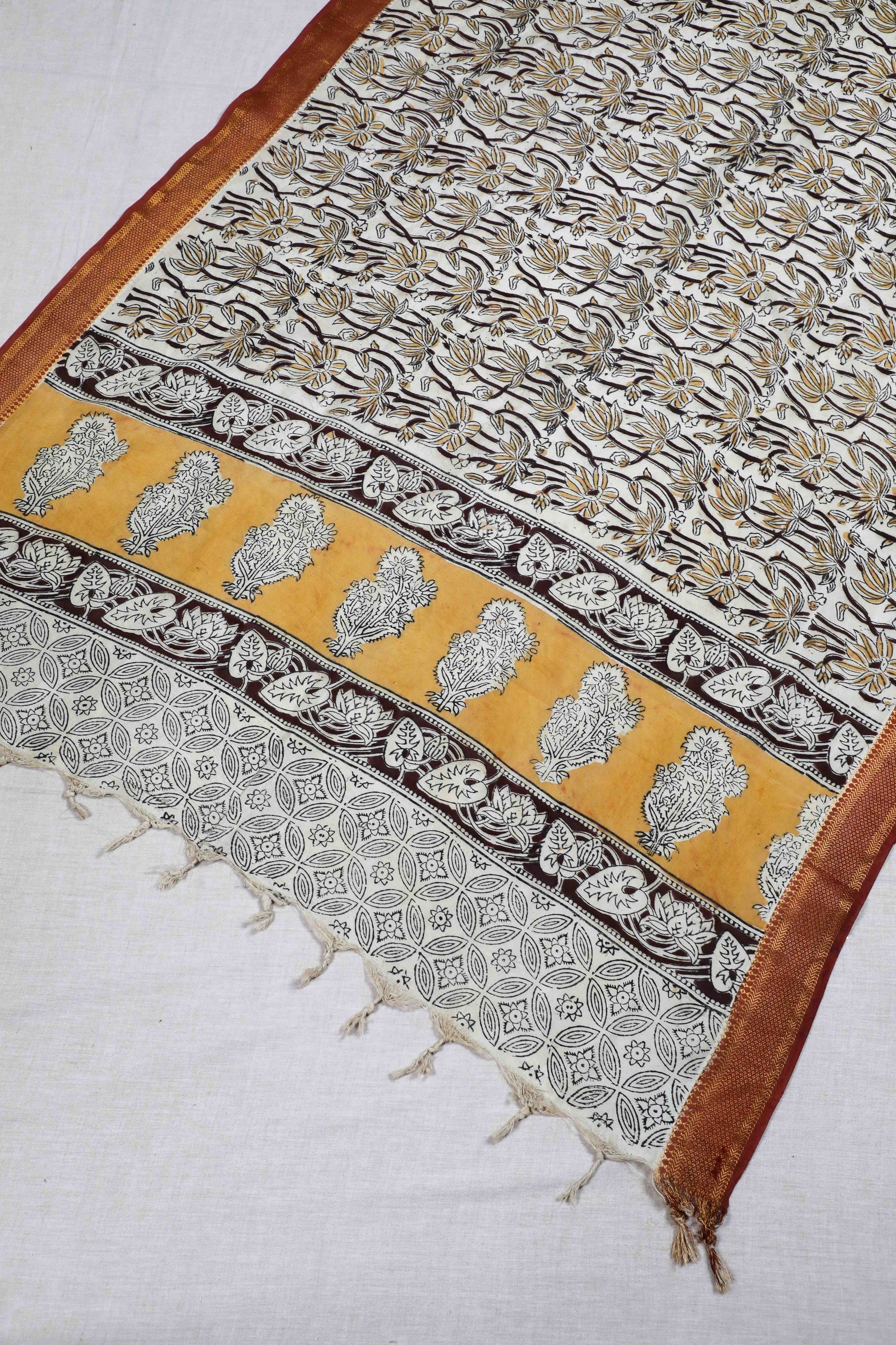 Mustard Block Print Kalamkari Silk Dupatta