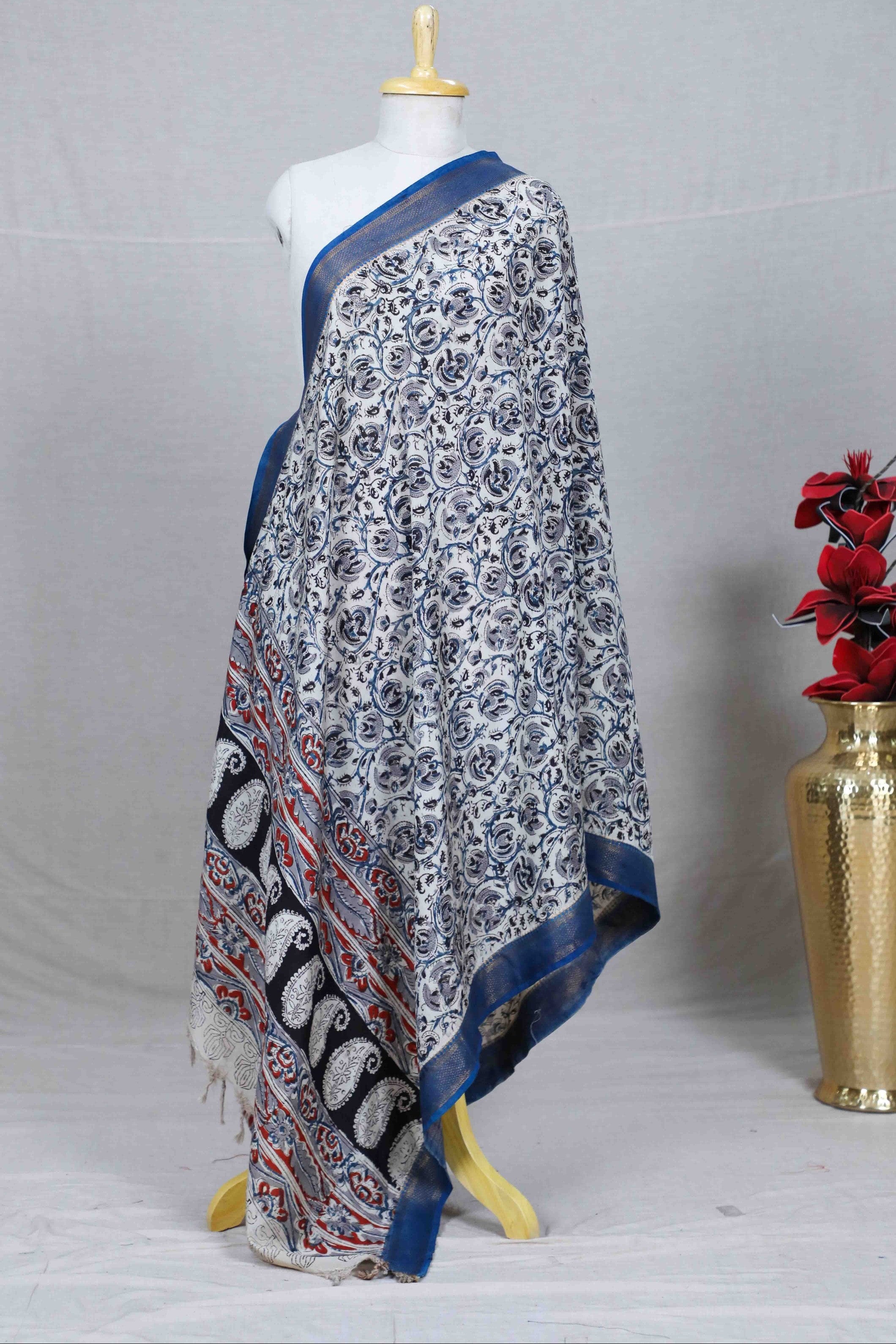 Navy Blue Block Print Kalamkari Silk Dupatta