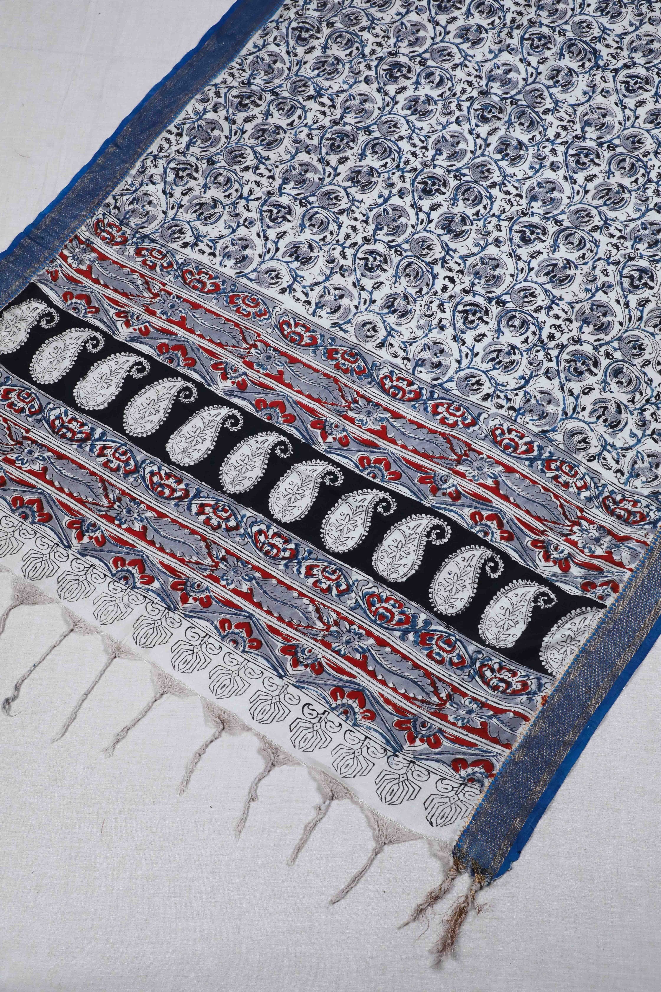 Navy Blue Block Print Kalamkari Silk Dupatta
