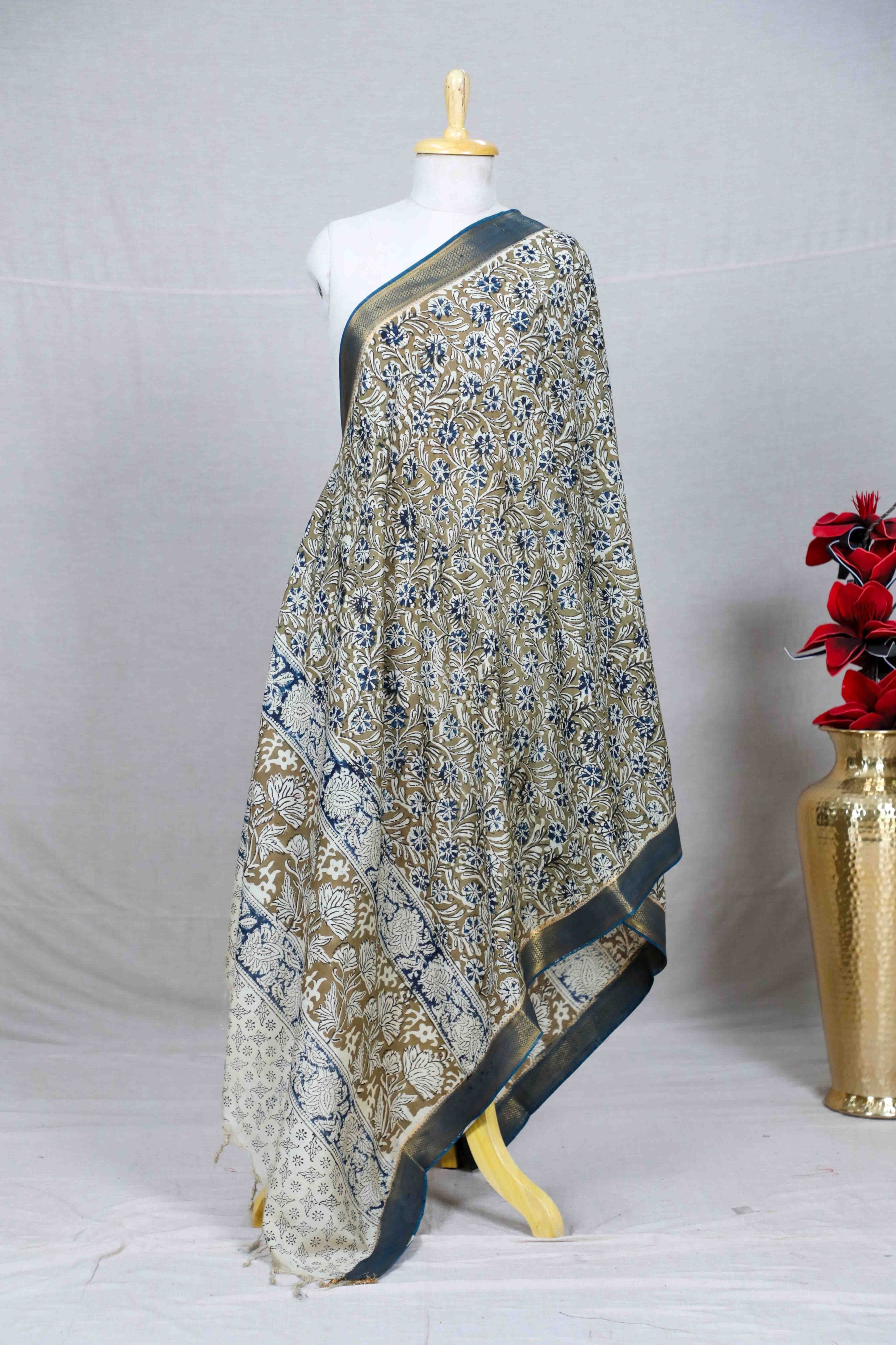 Mehandi Green Block Print Kalamkari Silk Dupatta