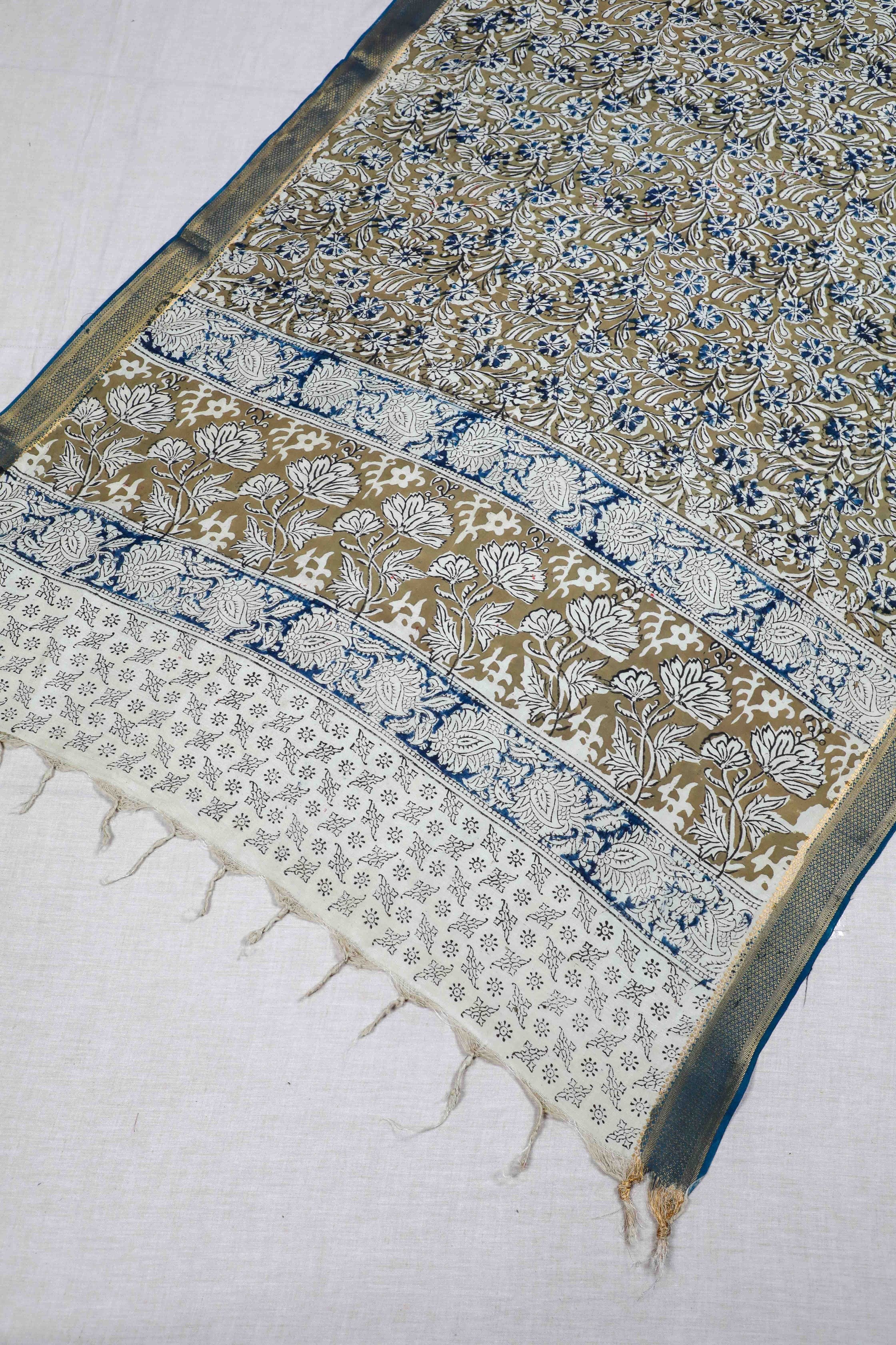 Mehandi Green Block Print Kalamkari Silk Dupatta