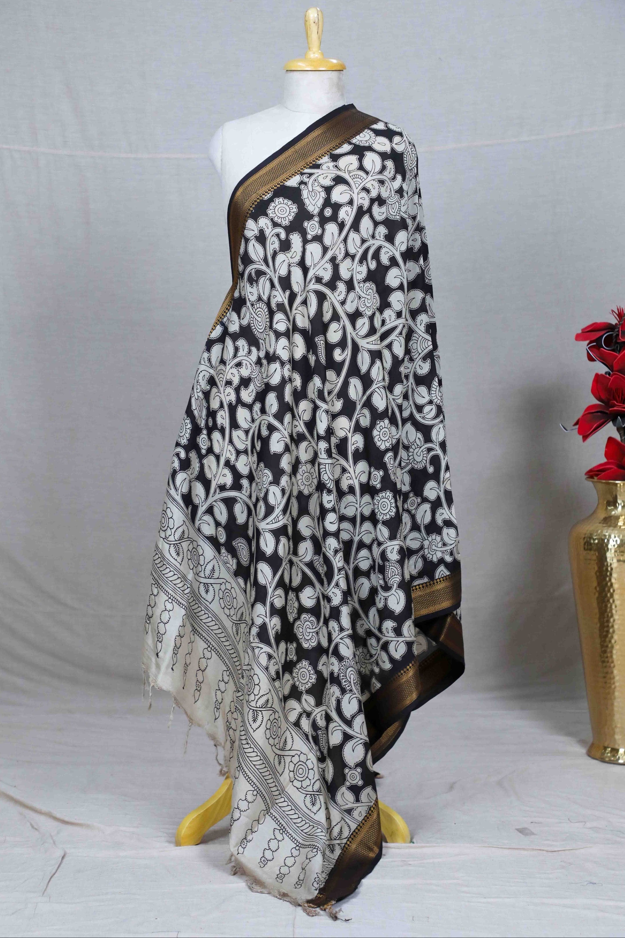 Black Kalamkari Mangalgiri Silk Dupatta