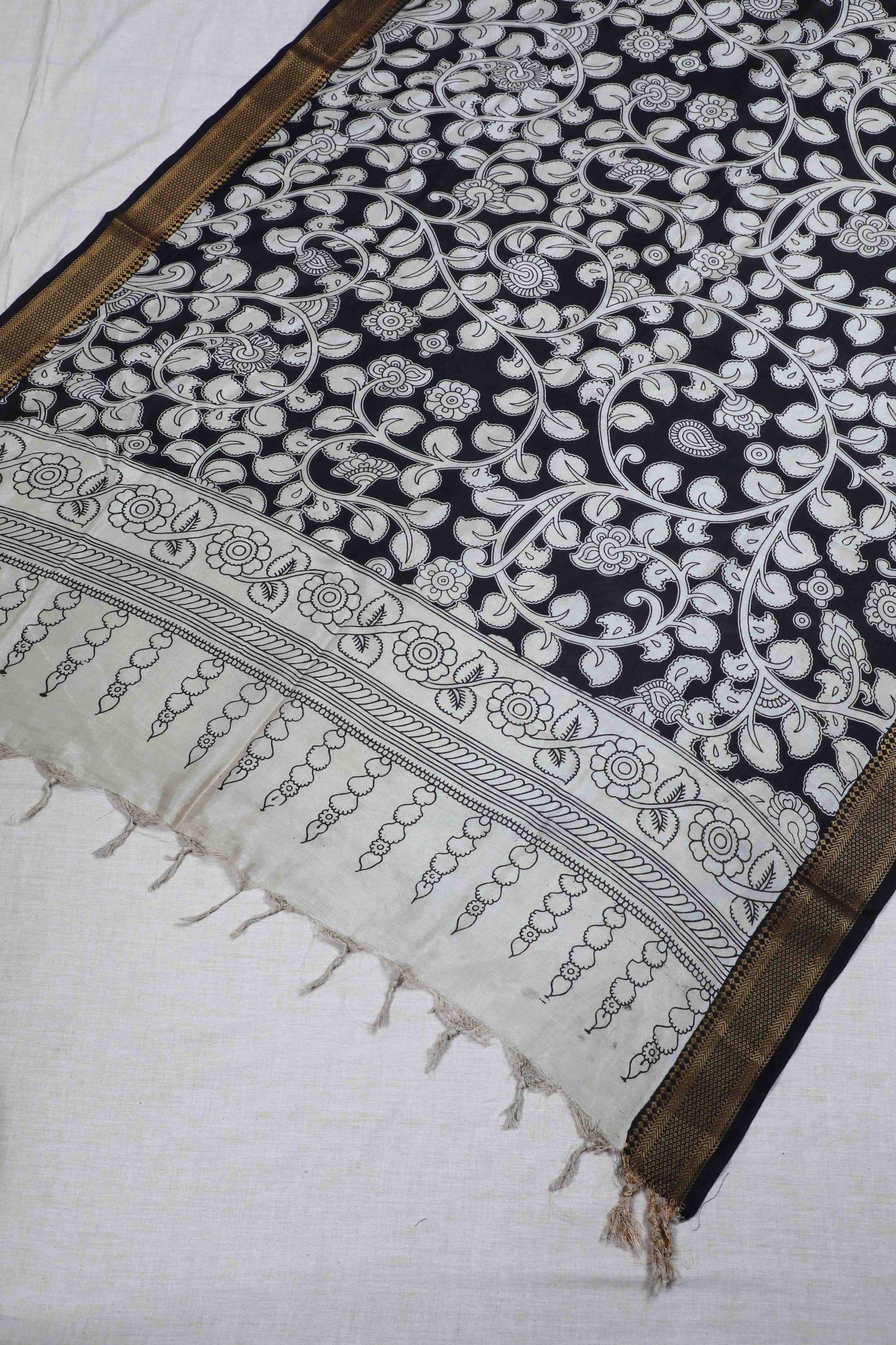 Black Kalamkari Mangalgiri Silk Dupatta