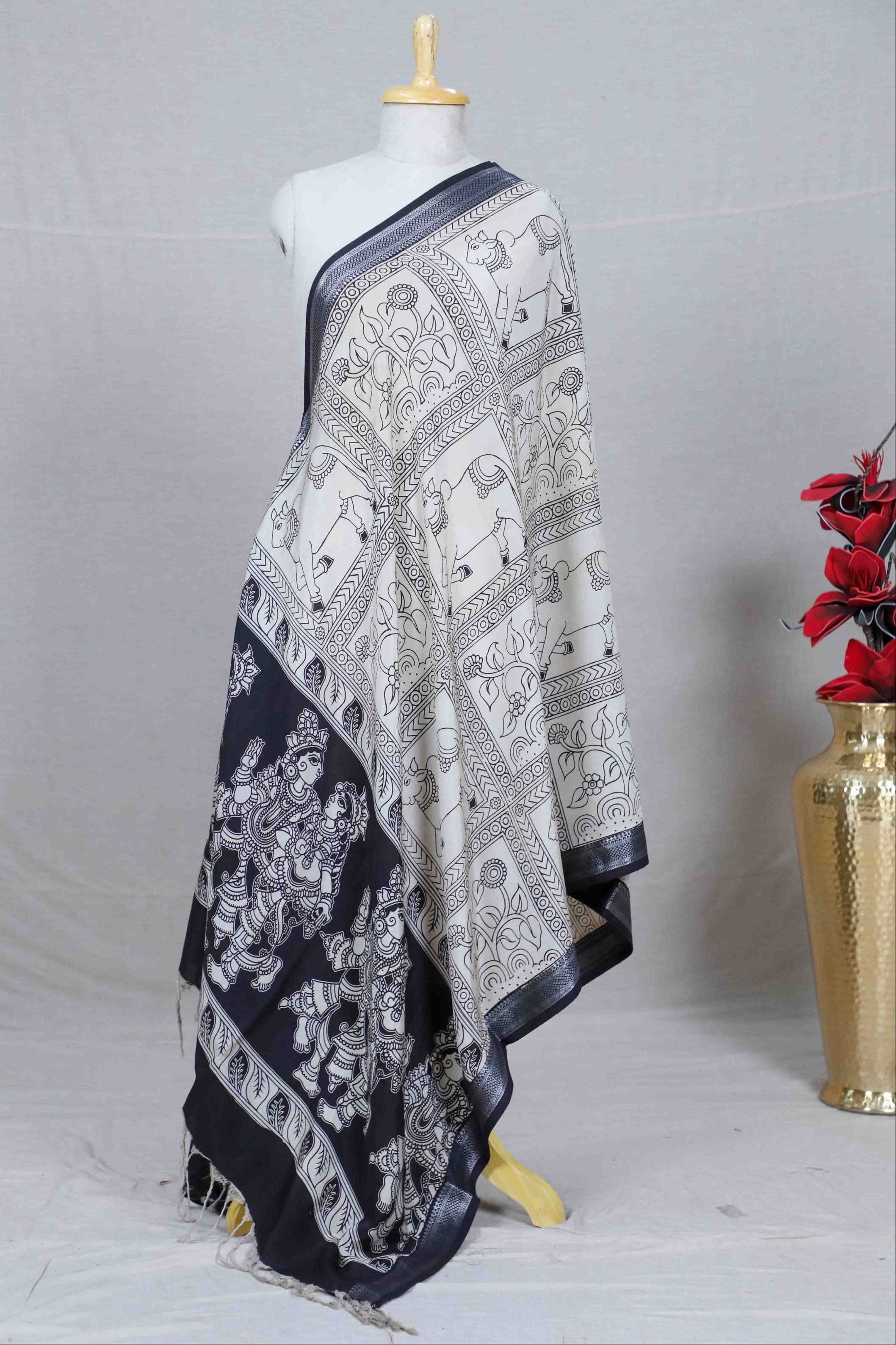 Black Kalamkari Mangalgiri Silk Dupatta