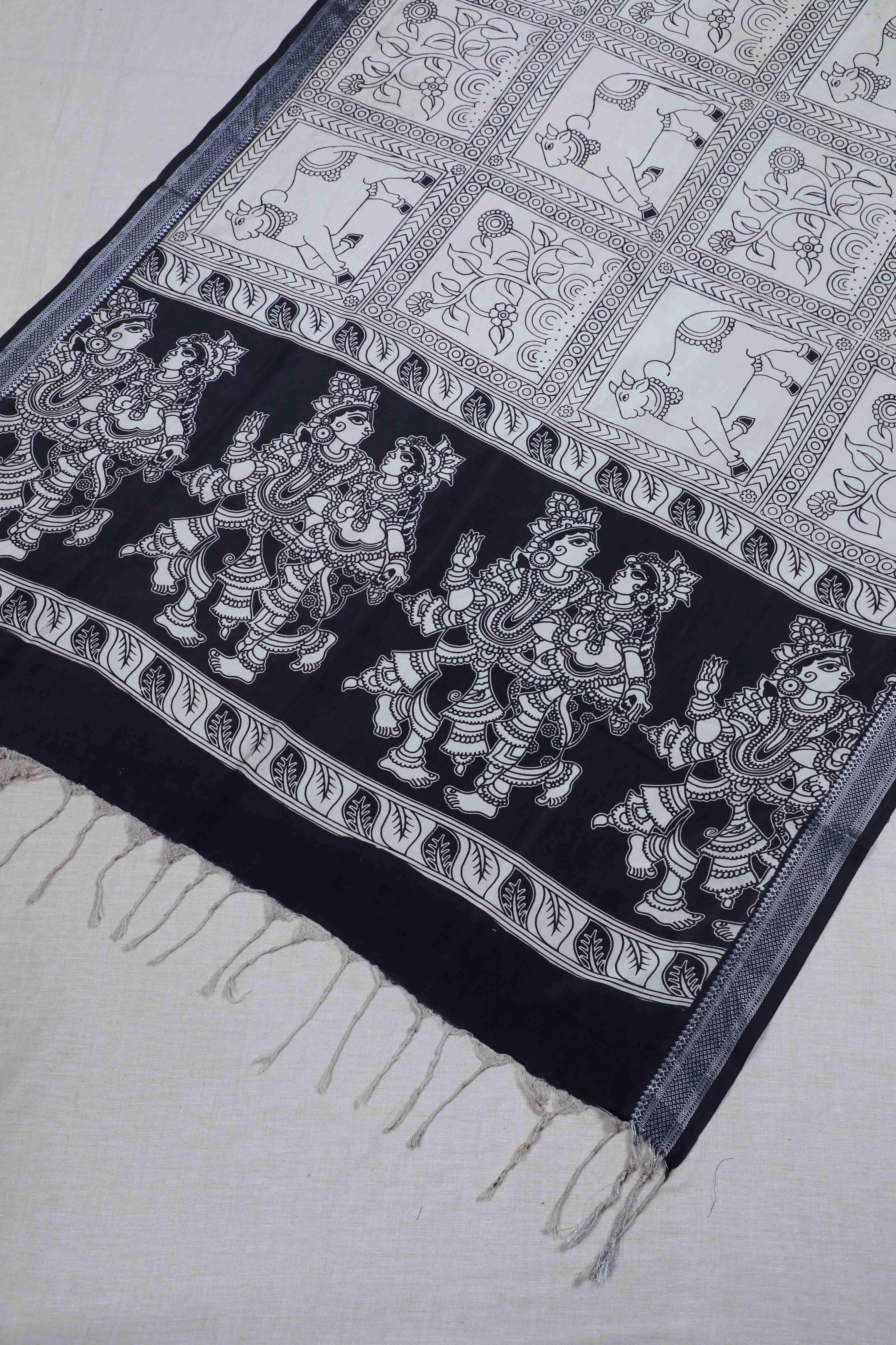 Black Kalamkari Mangalgiri Silk Dupatta