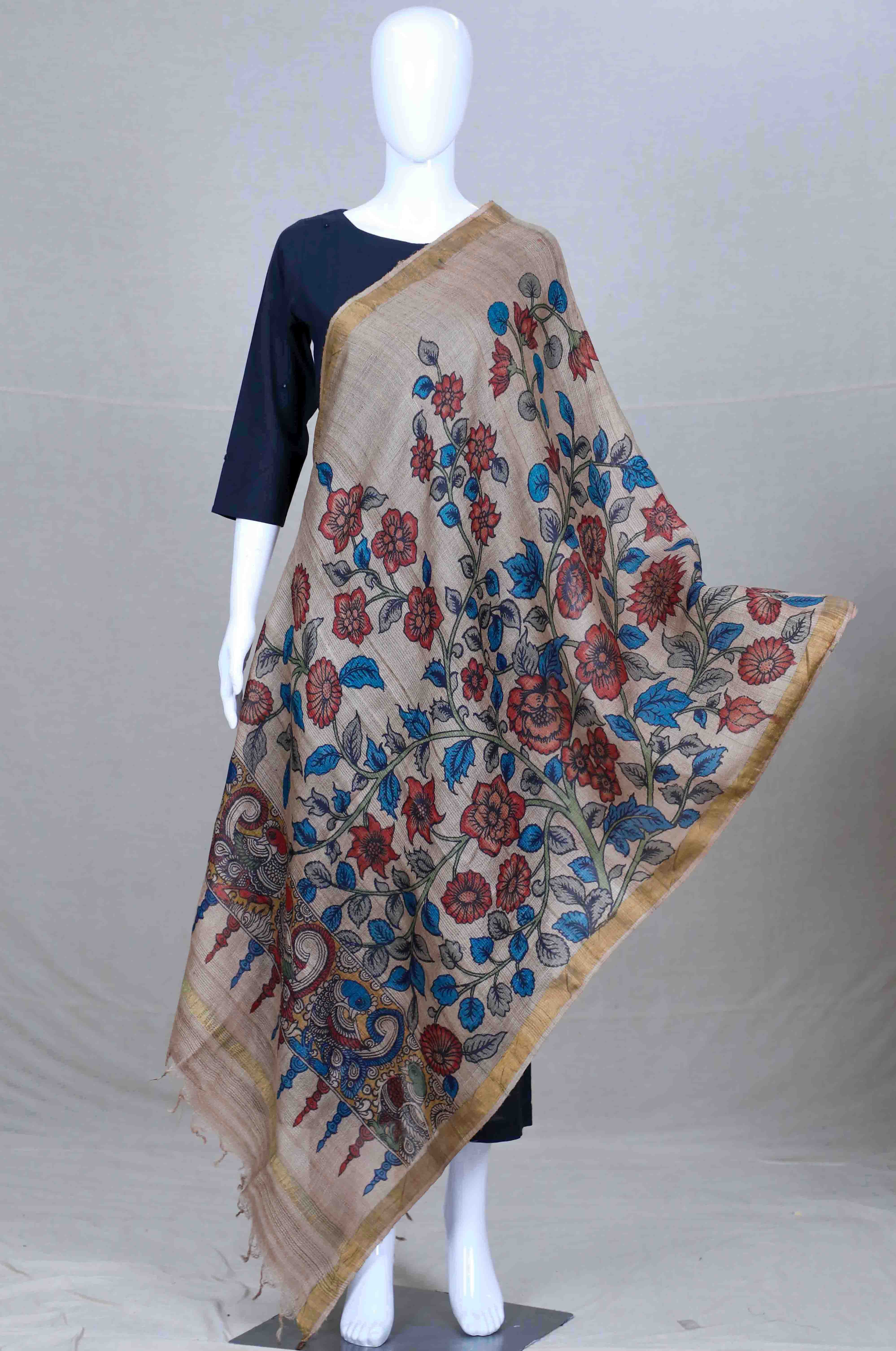 Beige Pen Kalamkari Tusser Silk Dupatta