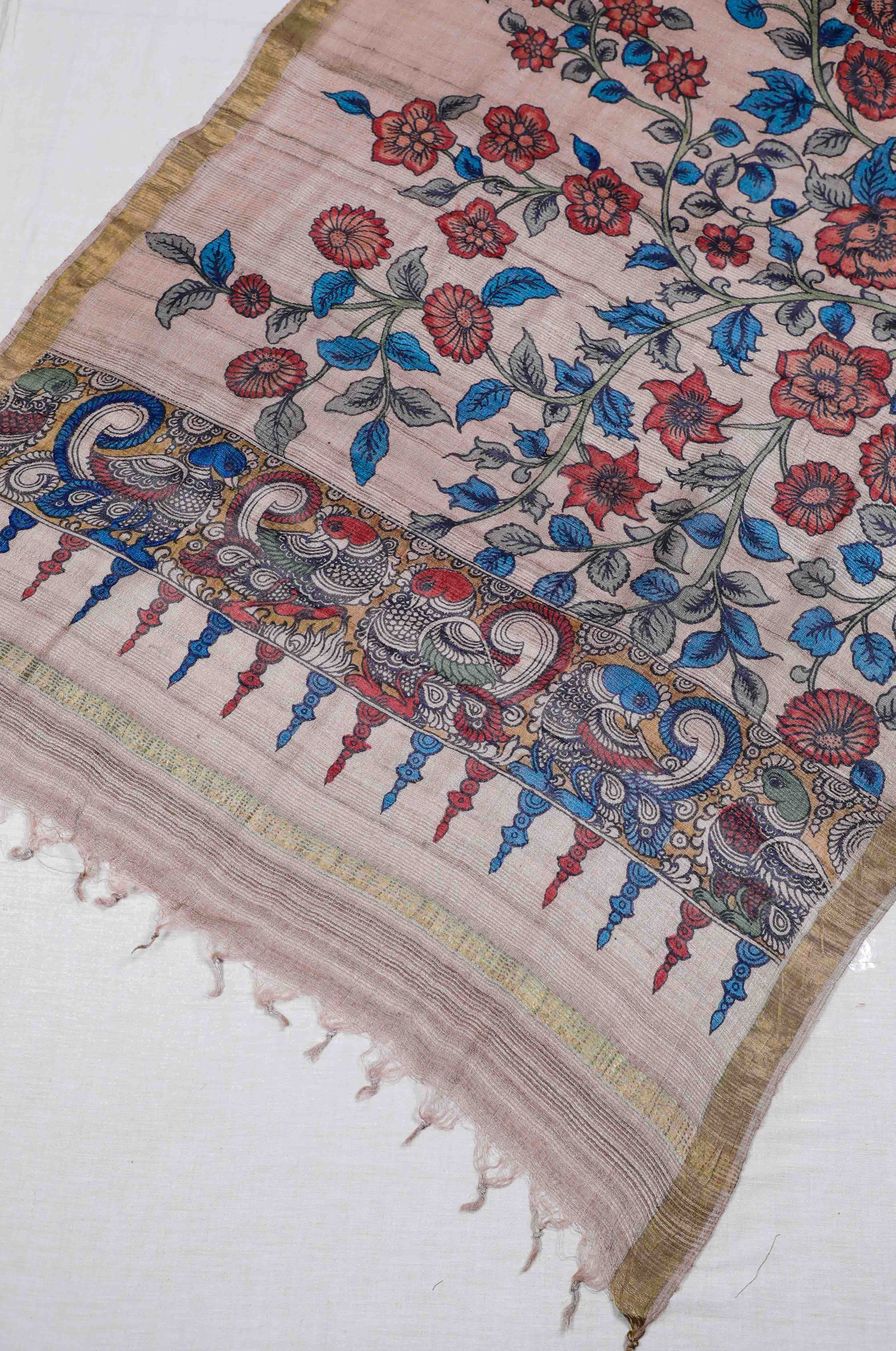 Beige Pen Kalamkari Tusser Silk Dupatta