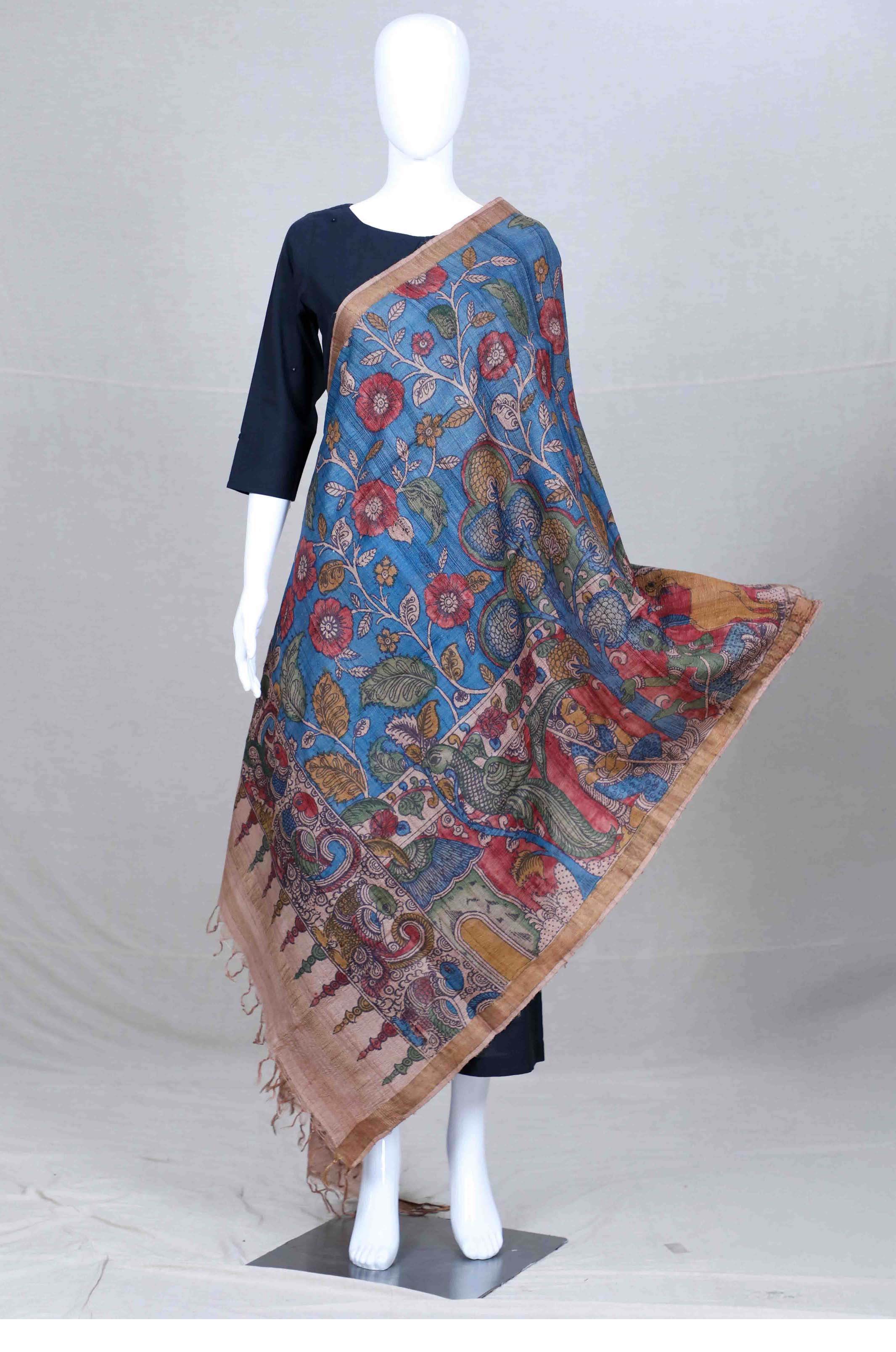 Blue Pen Kalamkari Tusser Silk Dupatta