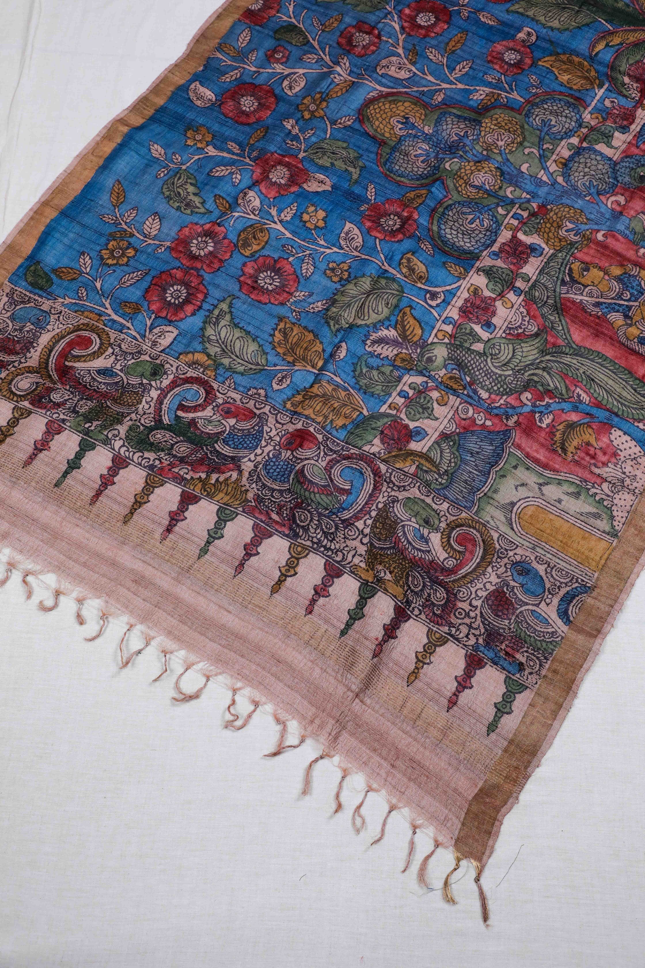 Blue Pen Kalamkari Tusser Silk Dupatta