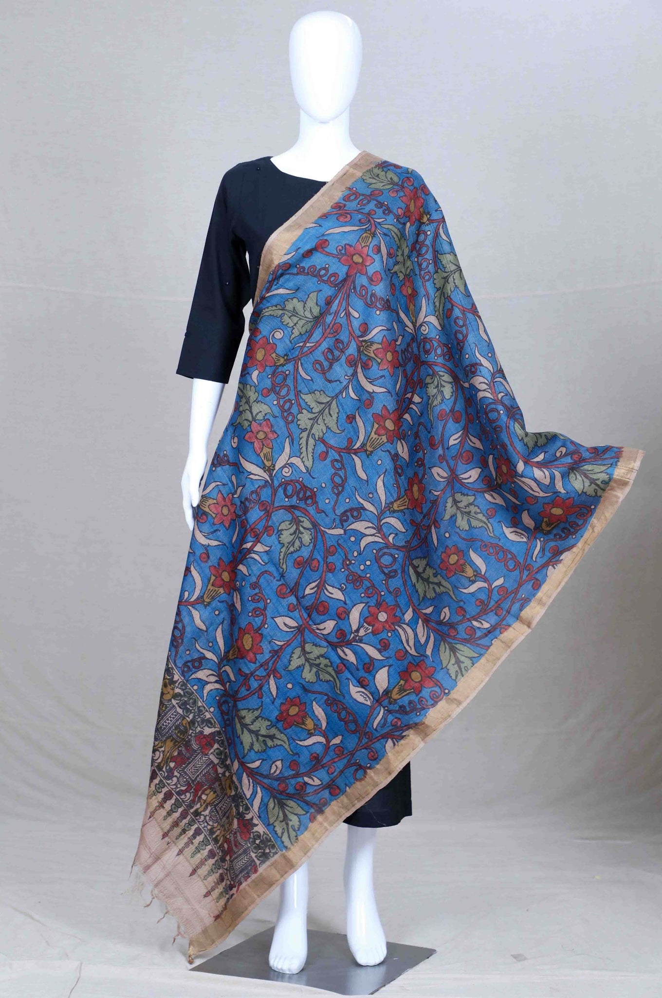 Blue Pen Kalamkari Tusser Silk Dupatta