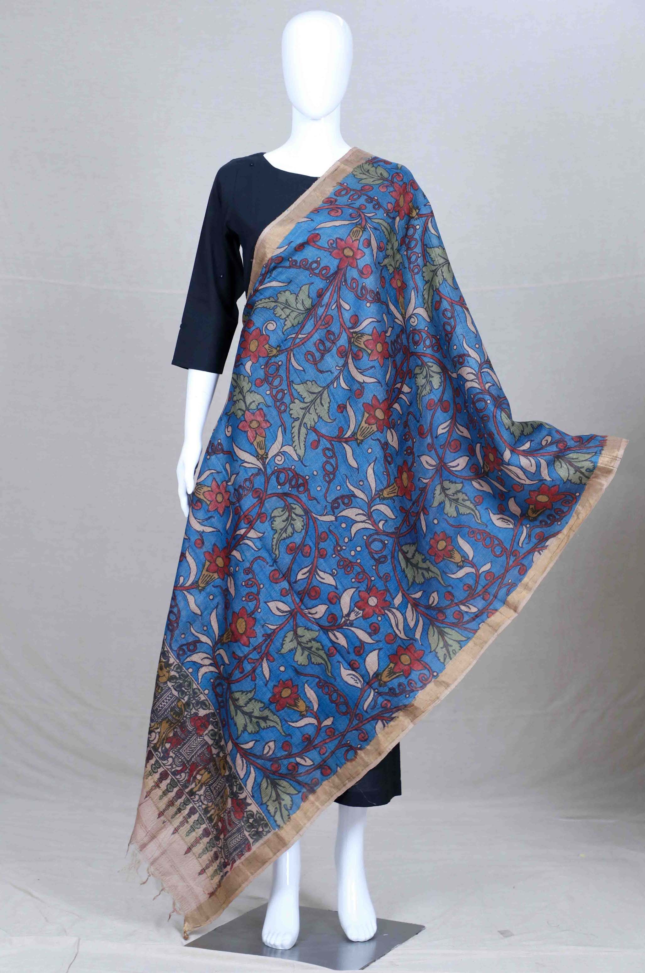 Blue Pen Kalamkari Tusser Silk Dupatta