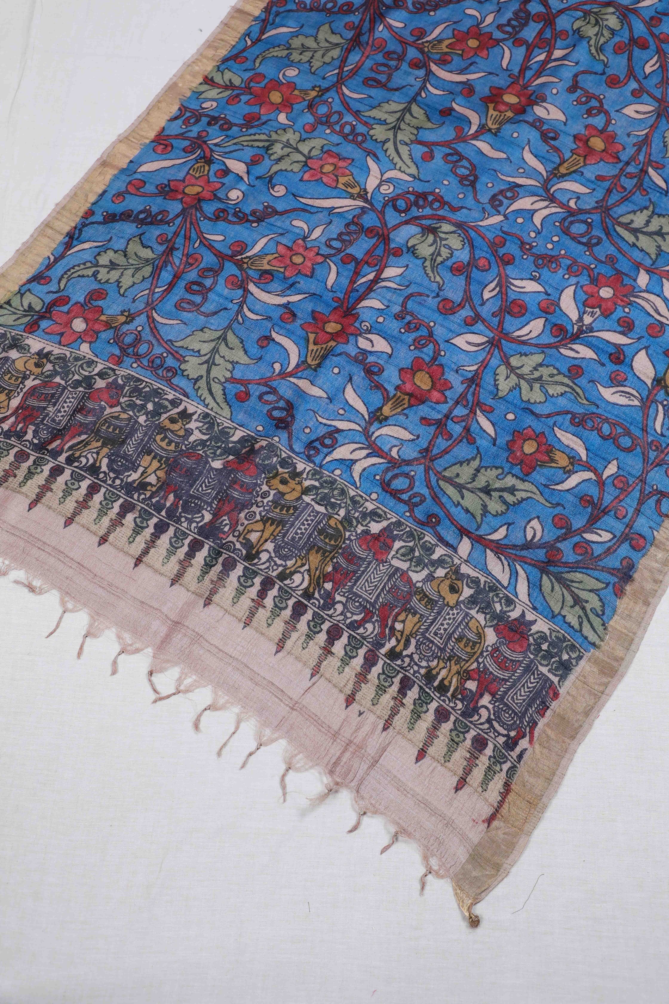 Blue Pen Kalamkari Tusser Silk Dupatta