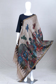 Beige Pen Kalamkari Tusser Silk Dupatta