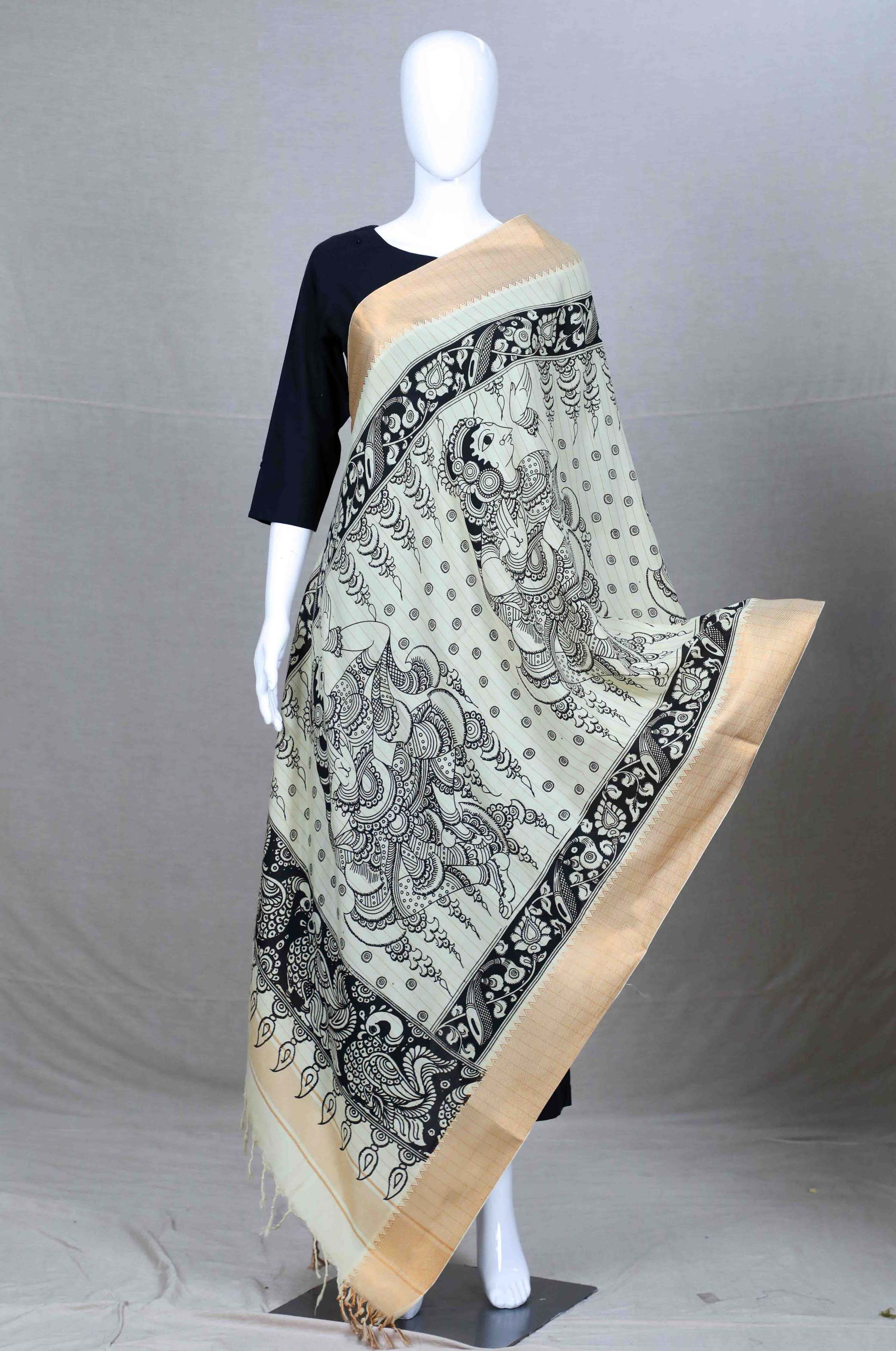 Black & White Silk Kalamkari Dupatta