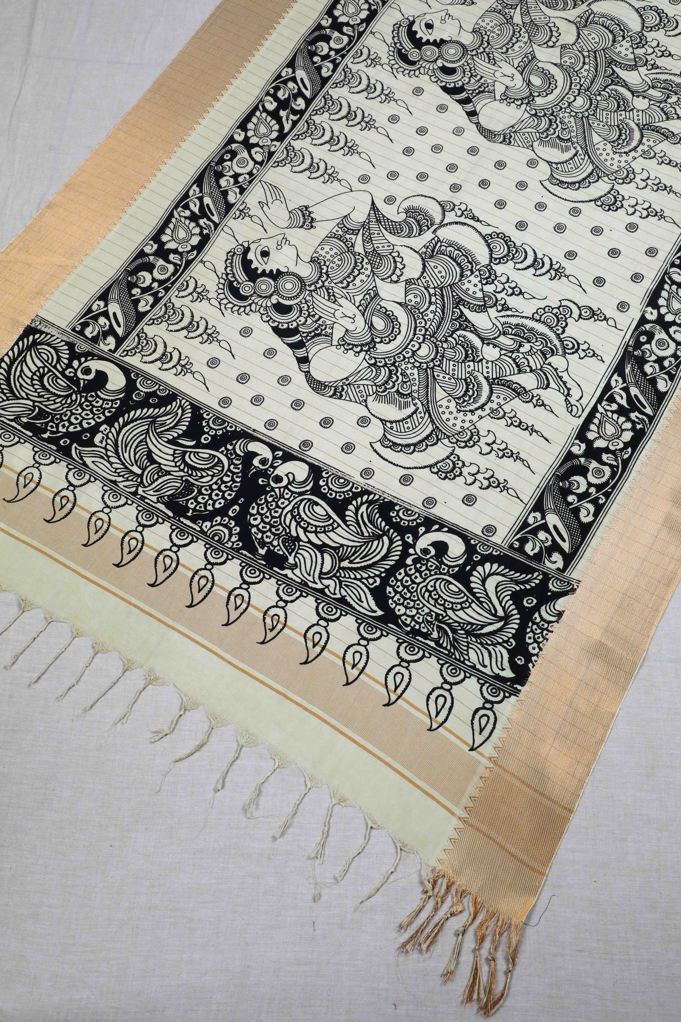Black & White Silk Kalamkari Dupatta