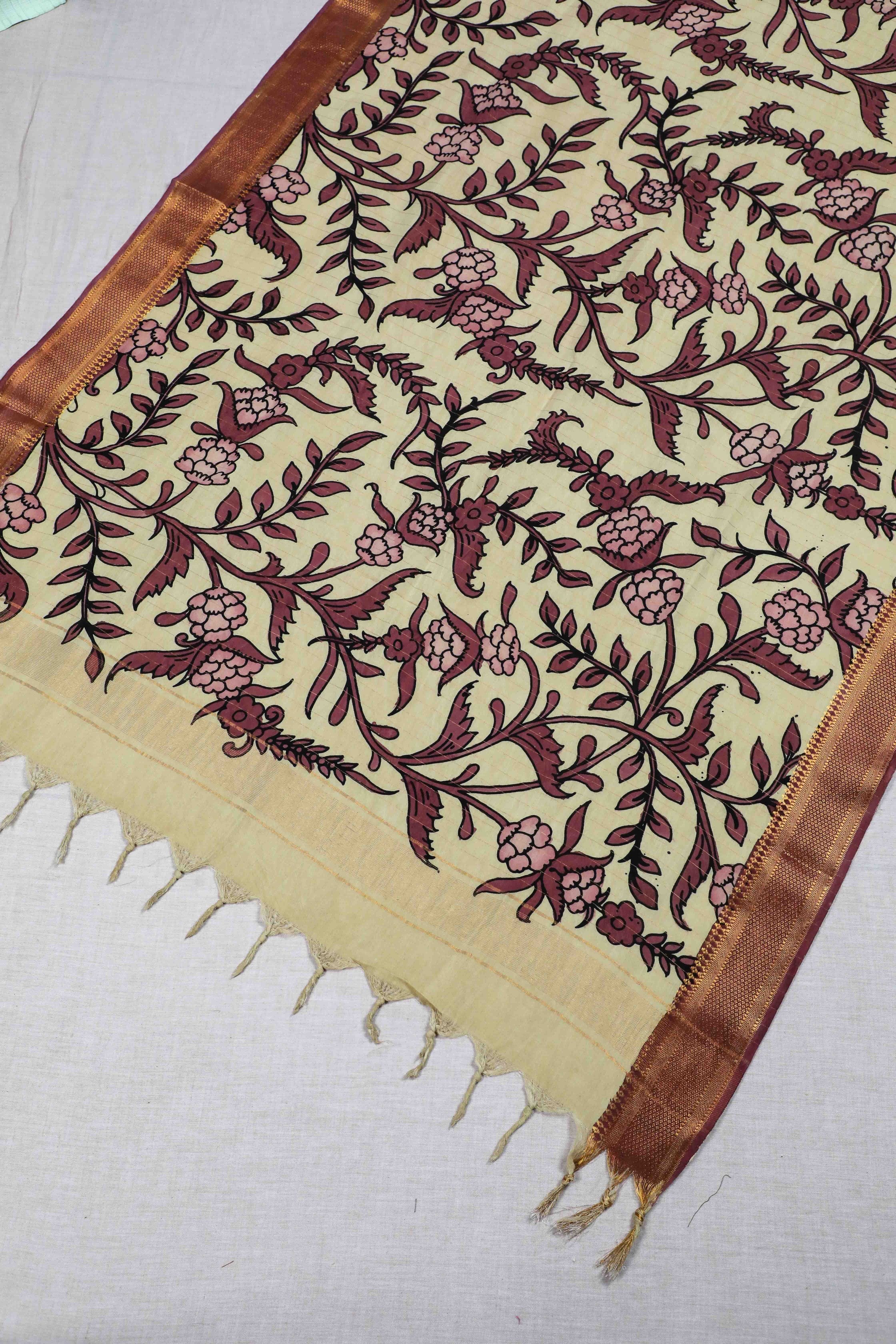 Maroon Pen Kalamkari Mangalgiri Silk Dupatta