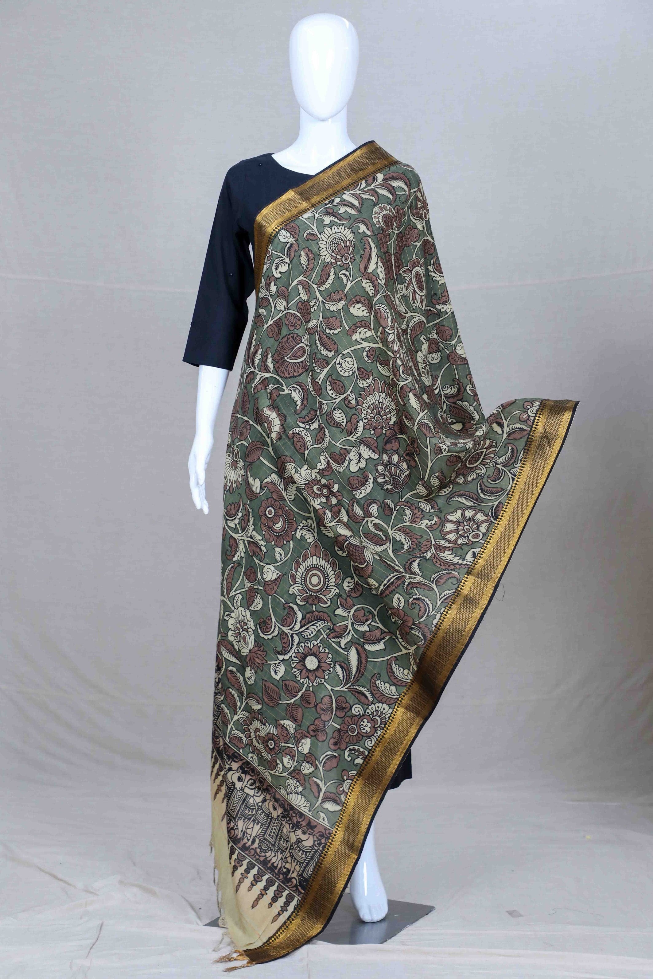 Green Pen Kalamkari Mangalgiri Silk Dupatta