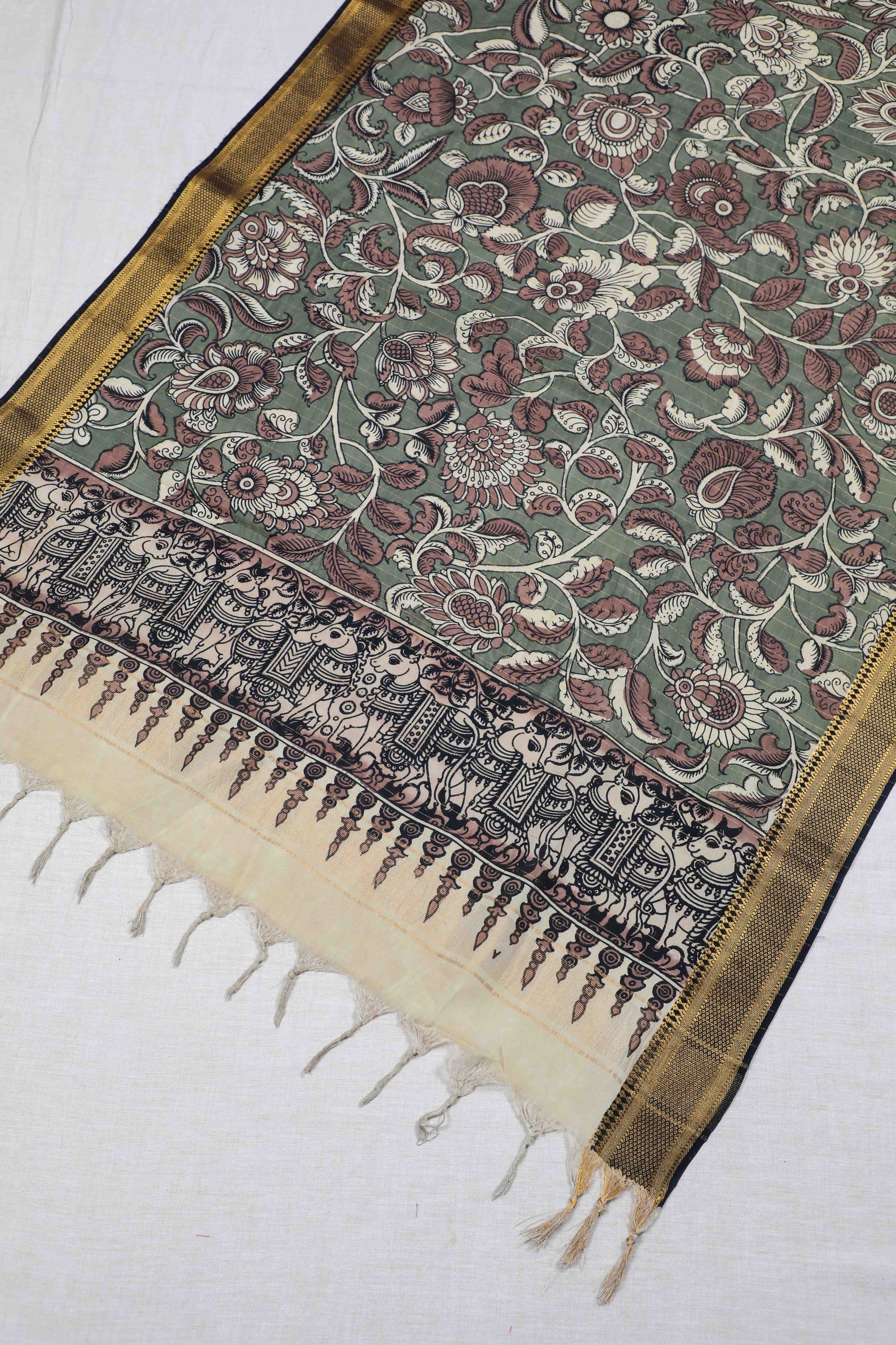 Green Pen Kalamkari Mangalgiri Silk Dupatta