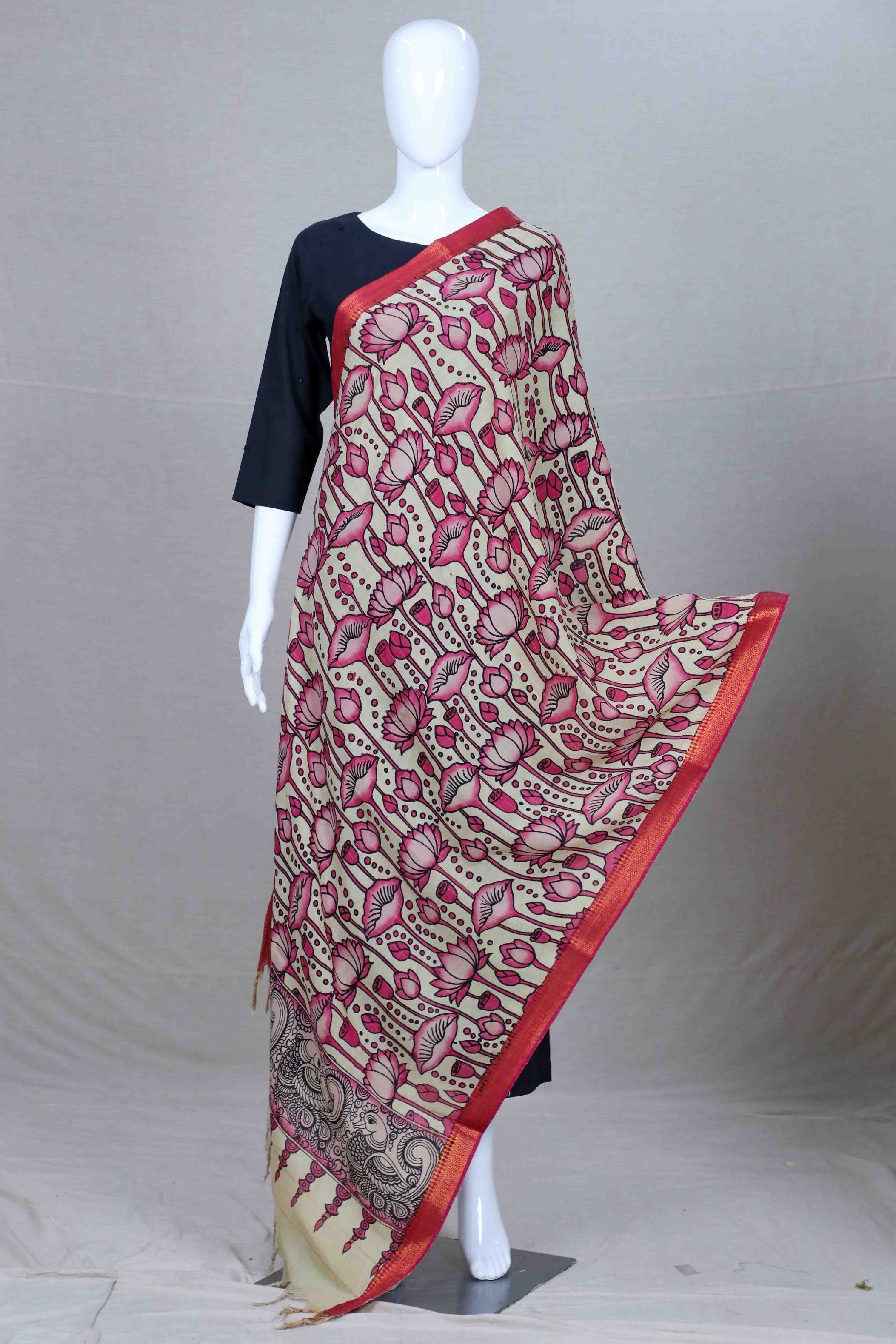 Pink Pen Kalamkari Mangalgiri Silk Dupatta