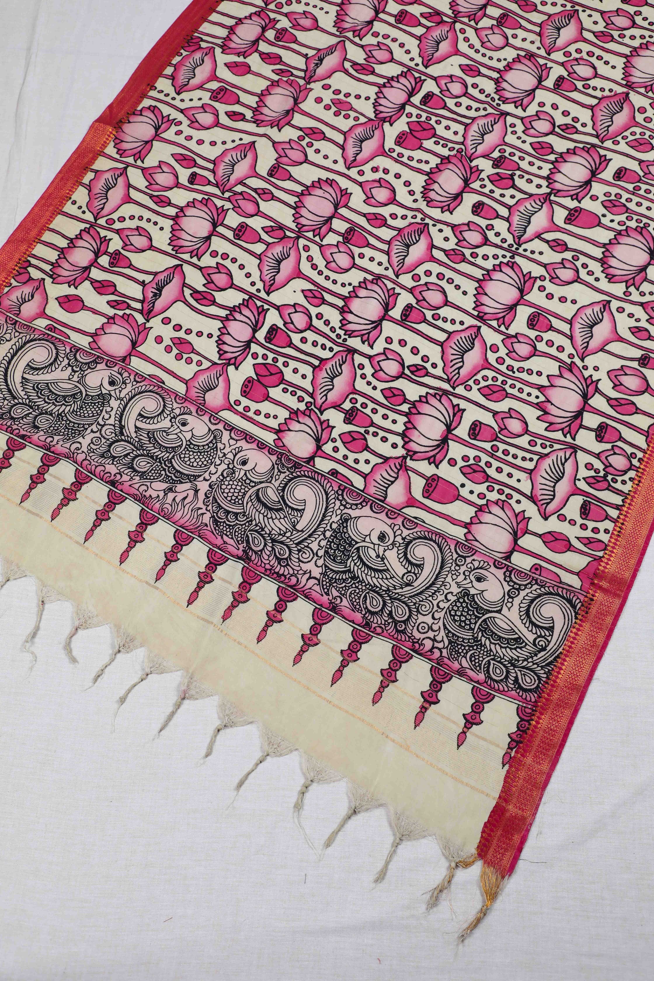Pink Pen Kalamkari Mangalgiri Silk Dupatta