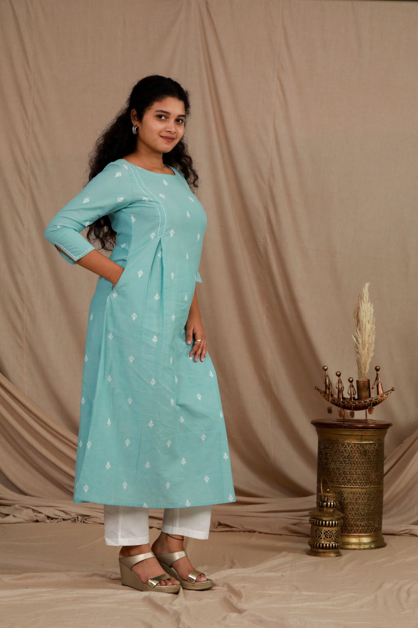 Teal South Cotton A line Kurta