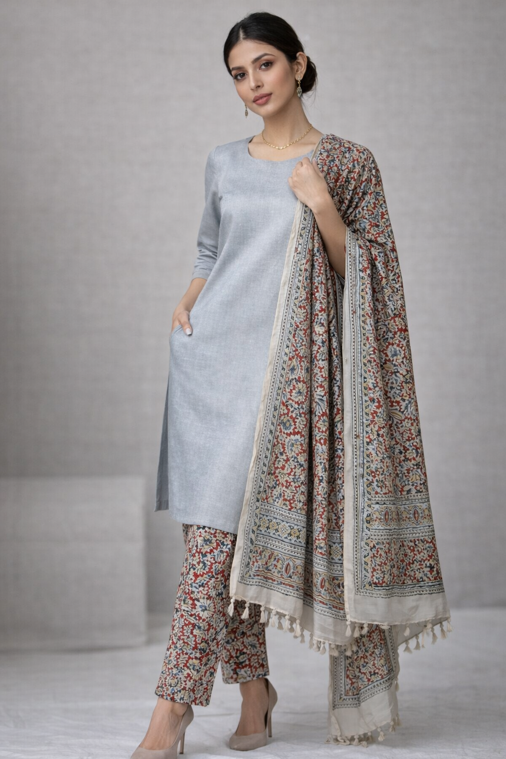 Grey Raw Silk Set with Kalamkari Dupatta (3 Pc Set)