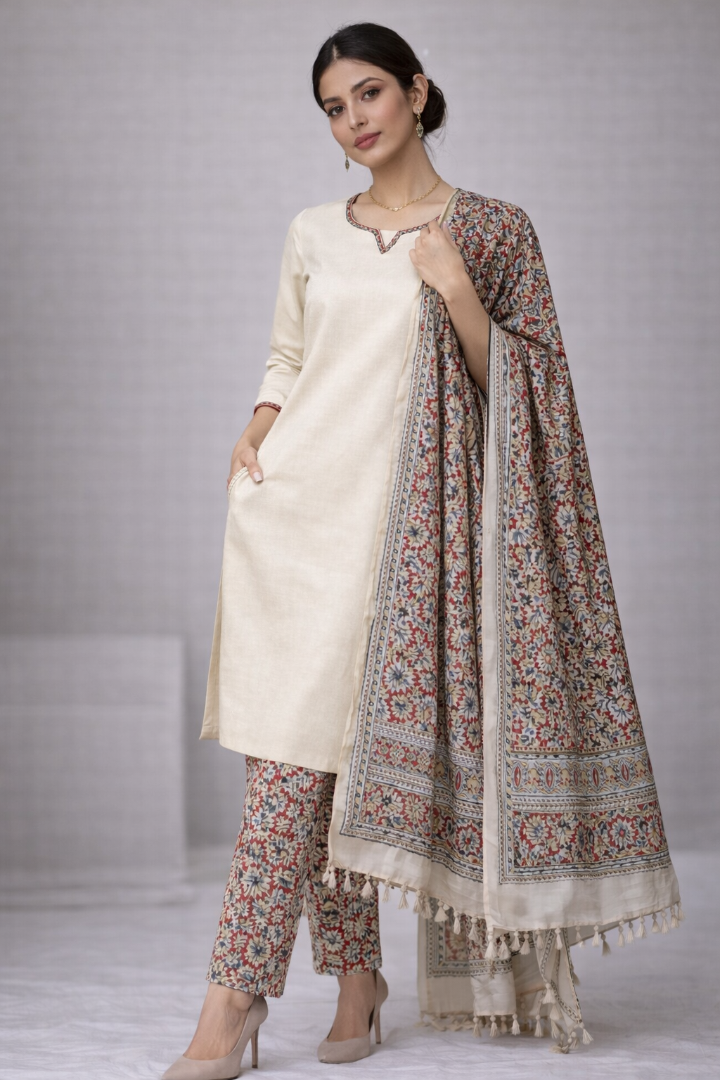 Cream Raw Silk Set with Kalamkari Dupatta (3 Pc Set)