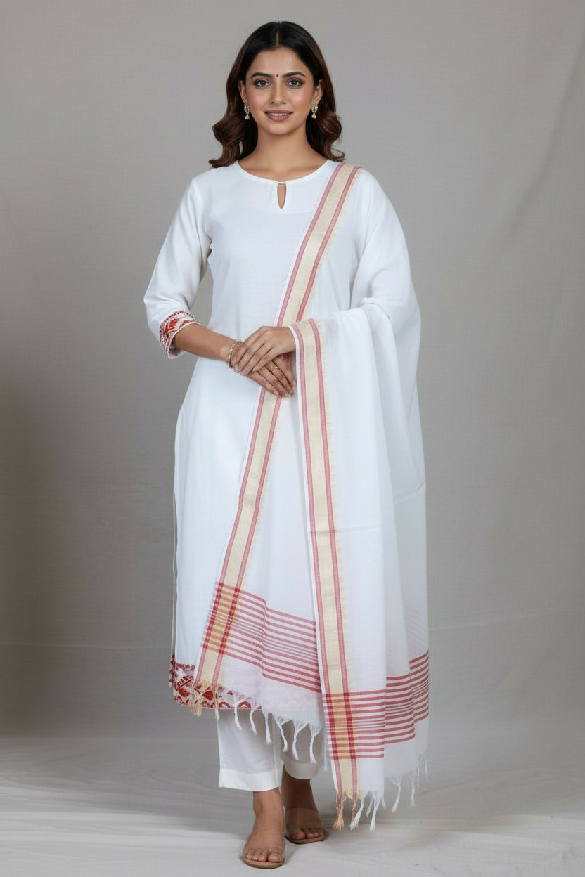 White Handwoven cotton Jacquard suit with Woven Border Dupatta (3 Pc Set)