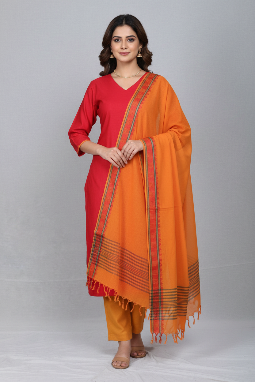 Red Handwoven Cotton Border Suit with Woven Dupatta (3 Pc Set)