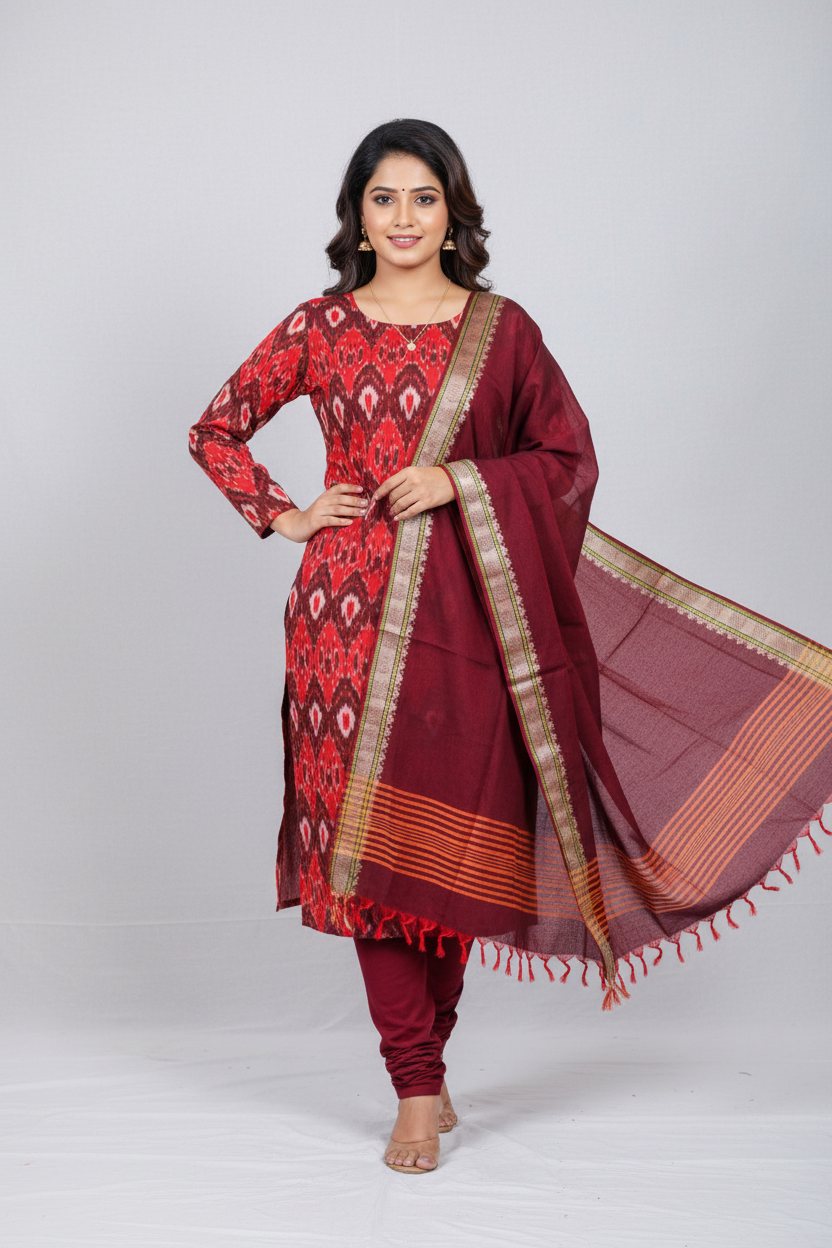 Red Handloom Ikat Suit with Woven Border Dupatta (3 pc set )