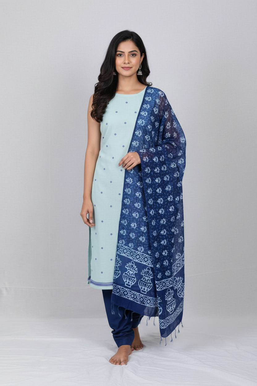 Blue Handwoven cotton Jacquard Suit with Indigo Dupatta (3 Pc Set)