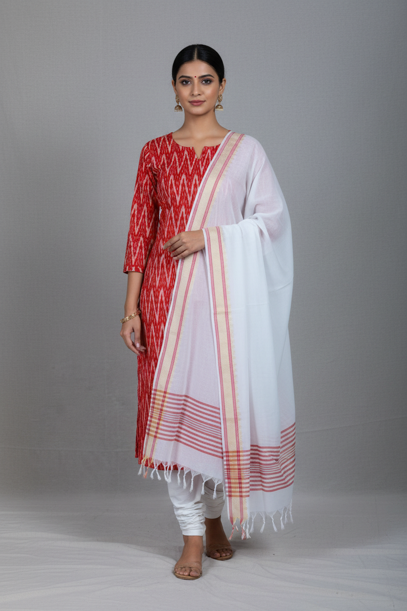 Red Handloom Ikat Suit with Woven Border Dupatta(3 pc set )