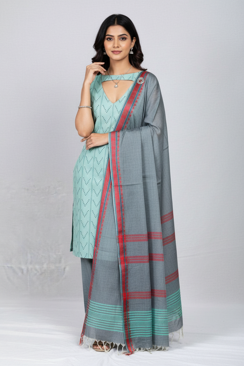 Aqua Pearl Handwoven cotton Jacquard suit with Woven Border Dupatta (3 Pc Set)