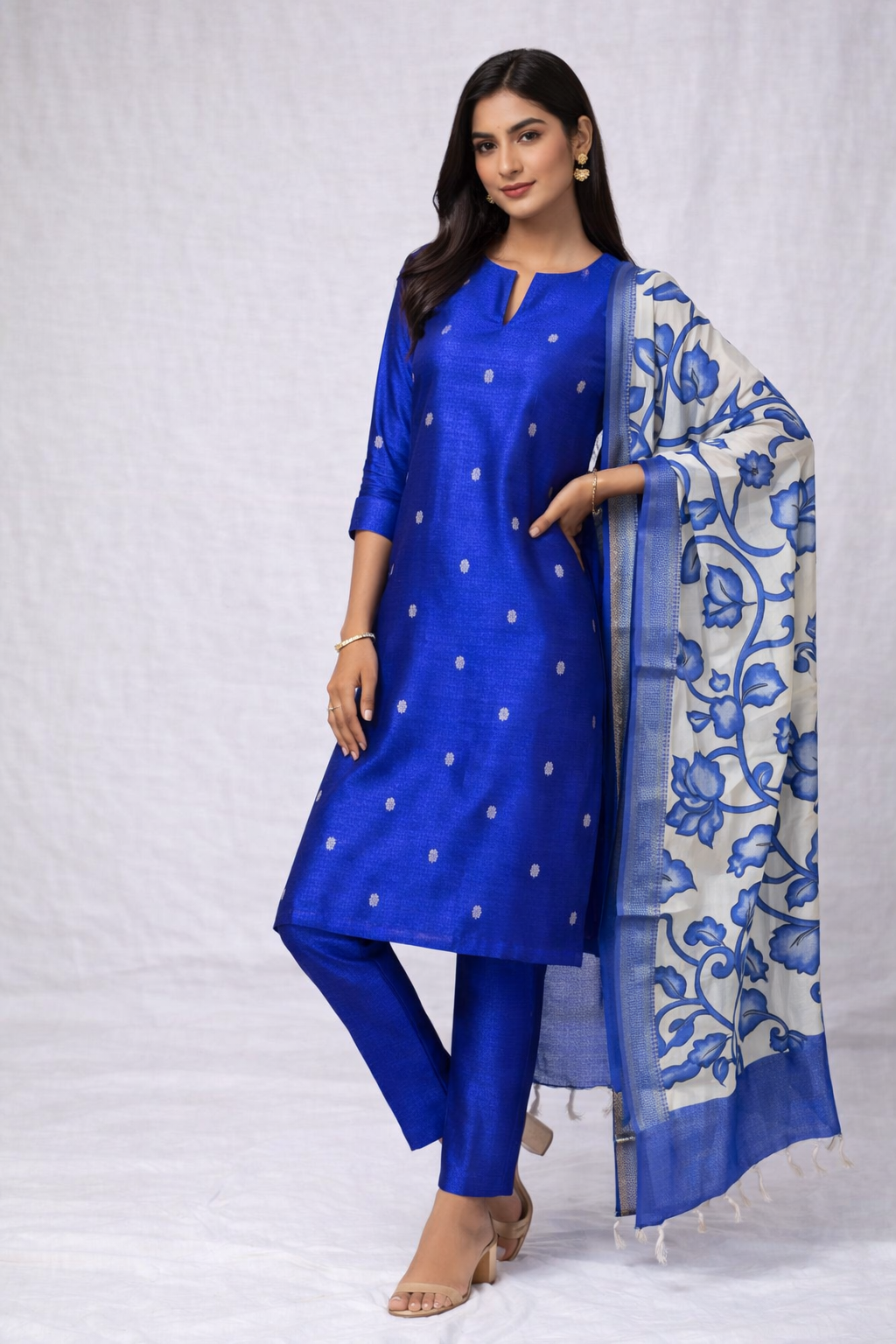 Blue Raw Silk Suit with Kalamkari Dupatta (3 Pc Set)