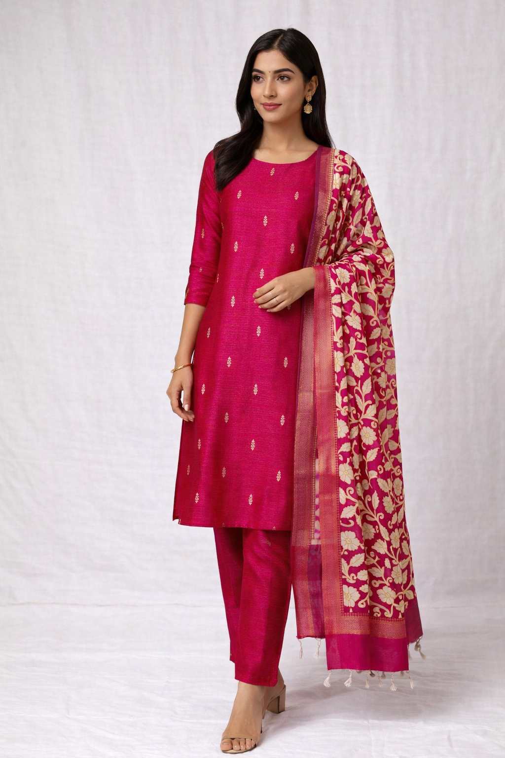 Magenta Raw Silk Suit with Kalamkari Dupatta (3 Pc Set)