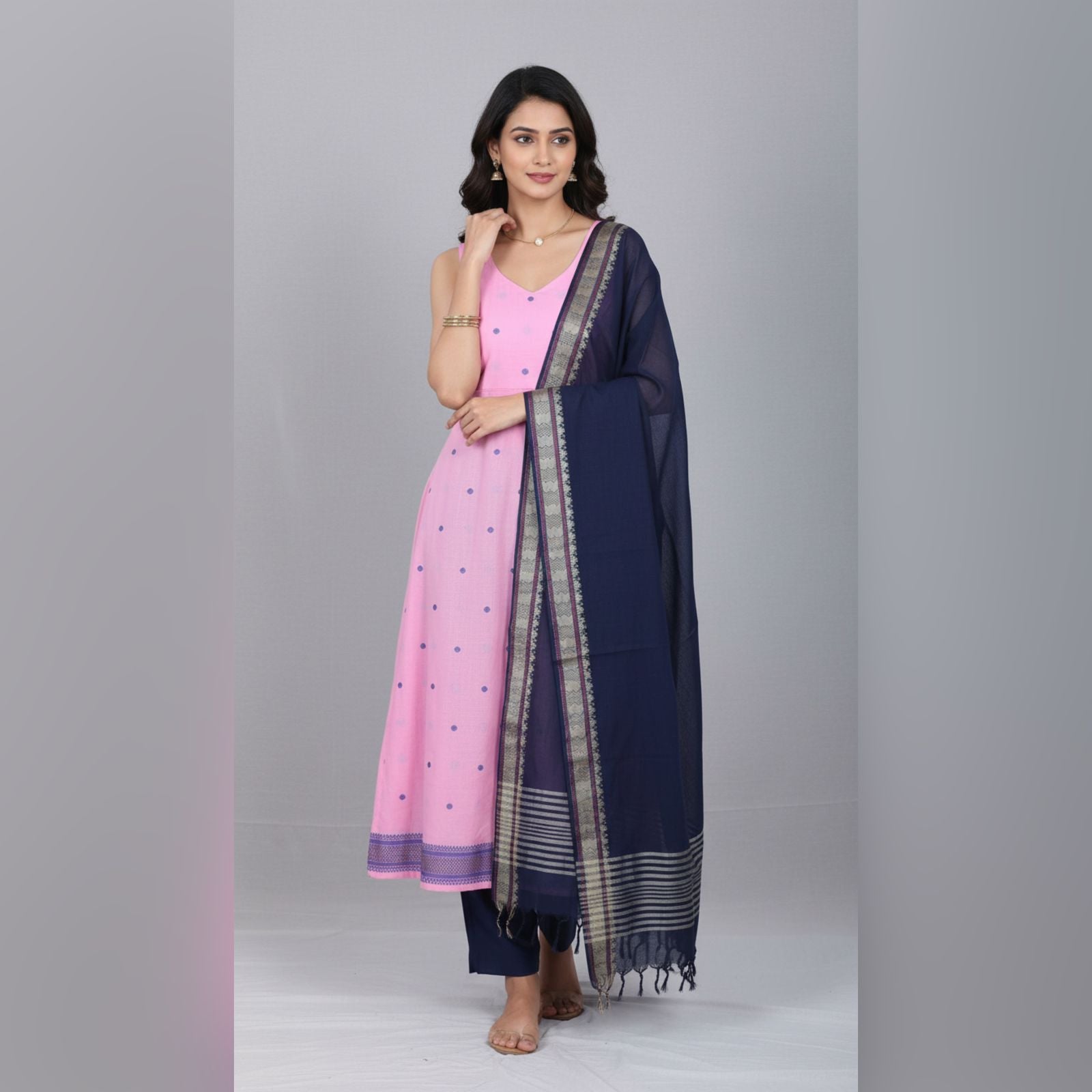 Pink Handwoven cotton Jacquard suit with Woven Border Dupatta (3 Pc Set)