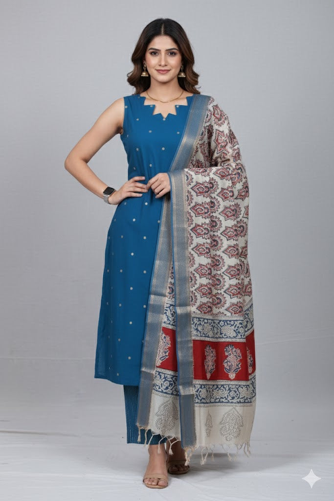 Blue Handwoven Cotton Jacquard Suit with Kalamkari Dupatta (3 pc set)