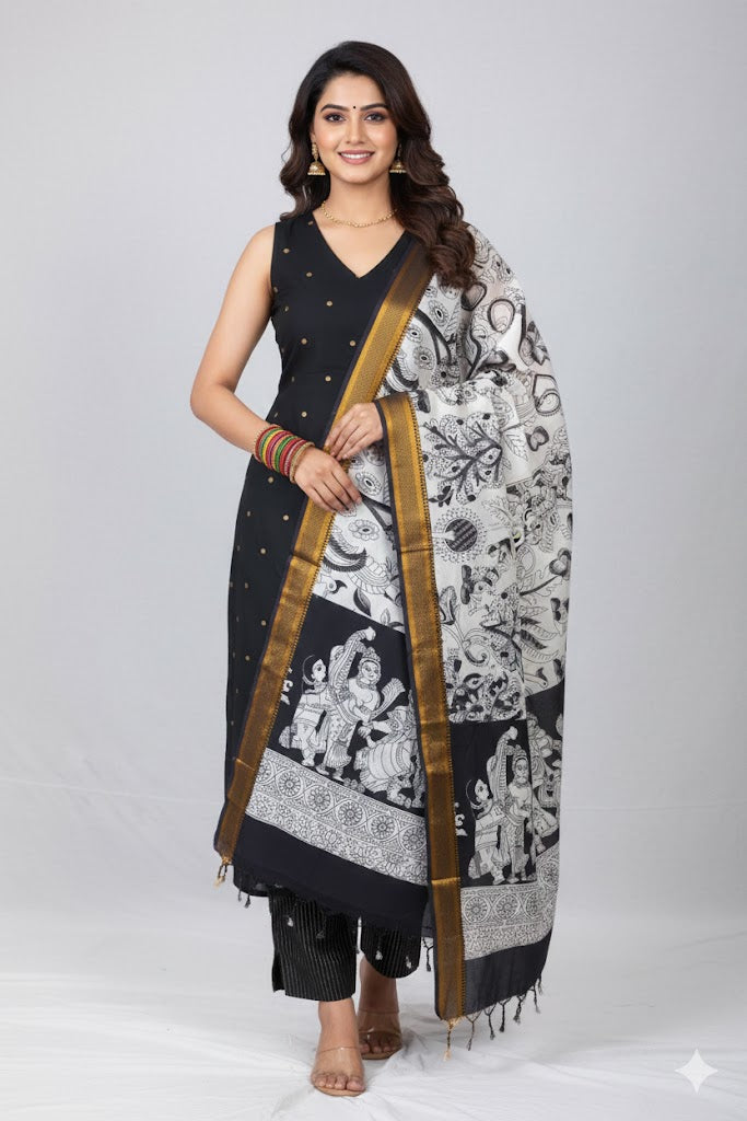 Black Handwoven Cotton Jacquard Suit with Kalamkari Dupatta (3 pc set)