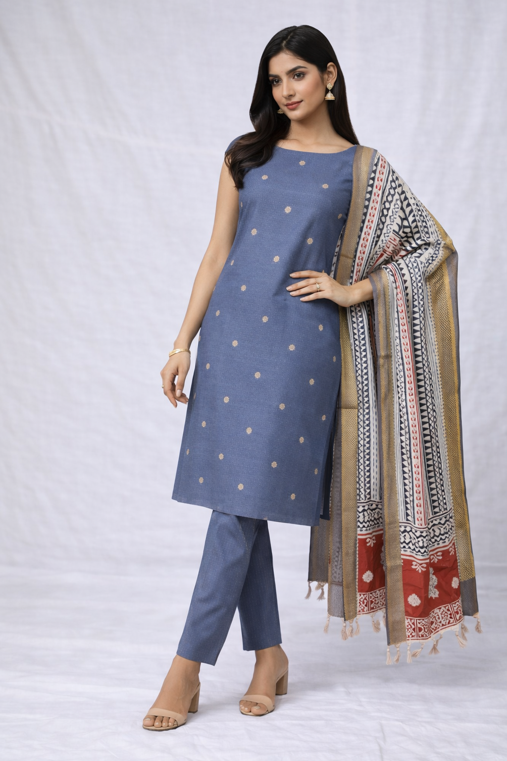 Grey Handwoven Cotton Jacquard Suit with Kalamkari Dupatta (3 pc set)